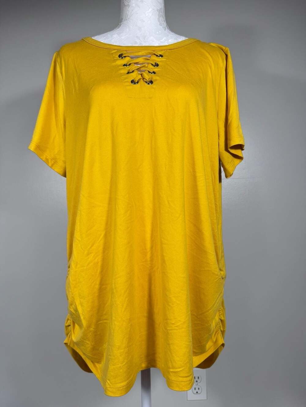 New York Laundry Plus Size Mustard Yellow Lace Up Neck Short Sleeve T-Shirt Dres